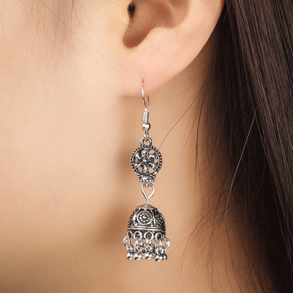 New Vintage Ethnic Carved Female Earrings Jewelry Hollow Out Flower Bells Drop Earrings Women Dangle Long Ear Accessories