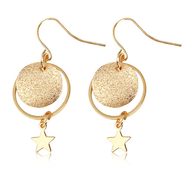 New Handmade Matte Star Dangle Earrings Vintage Geometric Round Gold color Alloy Statement Drop Earrings For Women Ear Clip