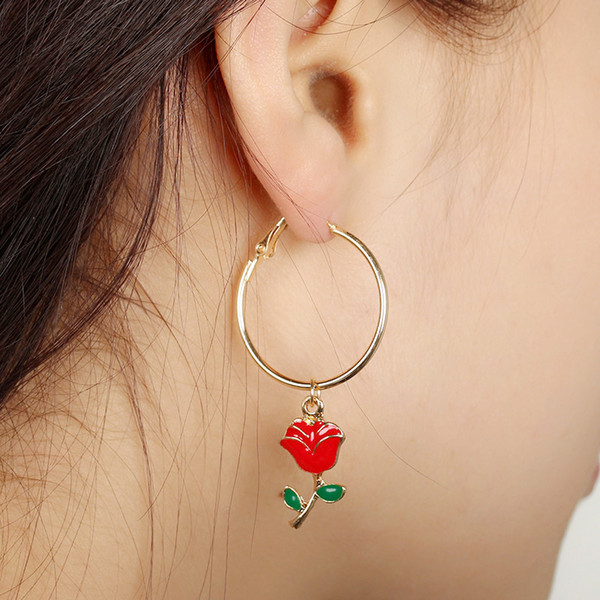 Simple Fashion Big Circle Rose Flower Hoop Earrings For Women Party Wholesale Green Leaf Red Flower Drop Earring