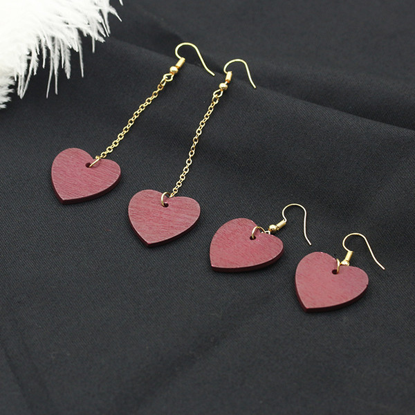 New Women Fashion Wine Red Wood Dangle Earrings Vintage Simple Circle Heart Wooden Drop Earring Pendant Femme Ear Jewelry