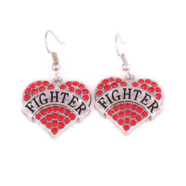 Letter FIGHTER Heart Earrings Studded With Sparking Crystals Pendant French Hook Earrings For Woman Fashion Jewelry