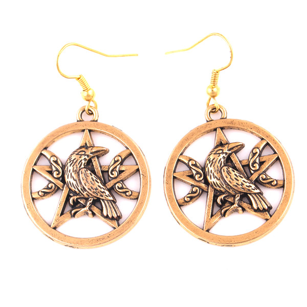 Drop Shipping Viking Gold Color Raven Moon Pentacle Pendant Earring Dark Moon Crow Magick Pendant Jewelry