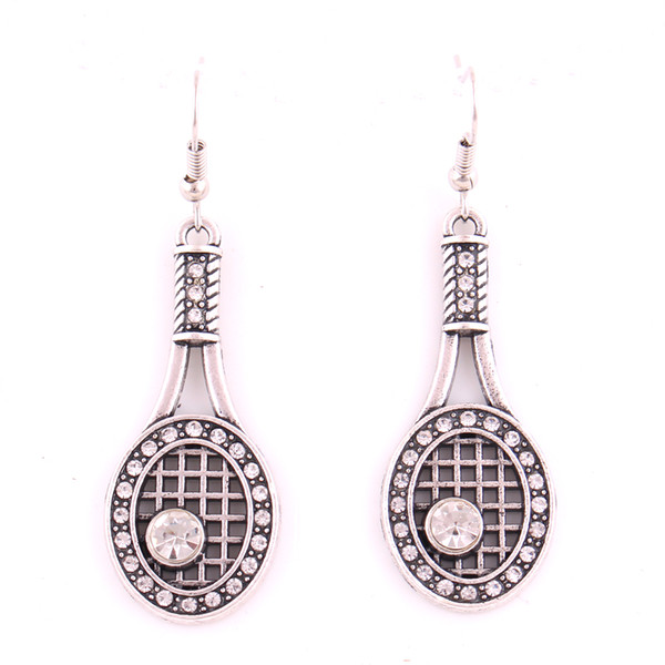 Silver Tone Ball And Tennis Racket Sport Pendant Earring With Crystal Covered Tennis Charm Earrings Jewelry