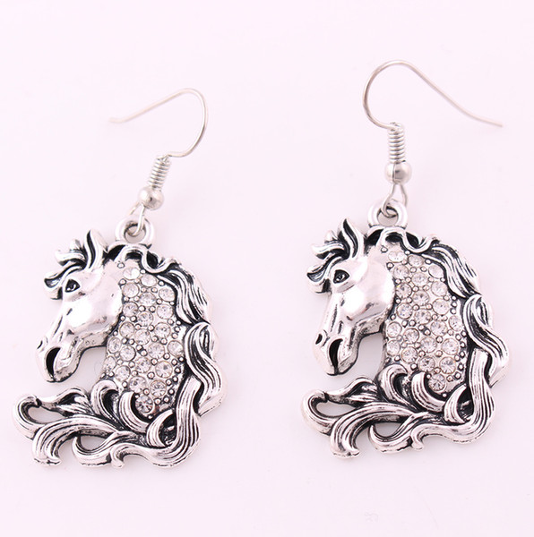 Vintage Ancient Silver Horse Head Studded With Clear Crystal Charms Dangle Earrings For Women Gift Charm Jewelry Free Shipping