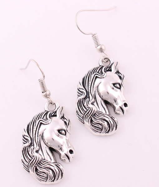 New Vintage Ancient Silver Horse Head Charms Dangle Earrings For Women Gift Charm Jewelry Free Shipping