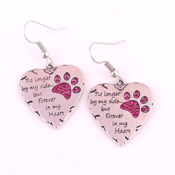 No longer by my side but forever in my heart Fashion Crystal Cats Claw Footprint Dogs Paws Heart shape Women Pendants Earrings