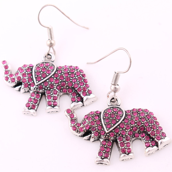 Free Shipping Fashion Pink Rhinestone Crystal Animal Elephant Shape Pendant Lady Women Dangle Hook Earrings Jewelry Trade Assurance Service