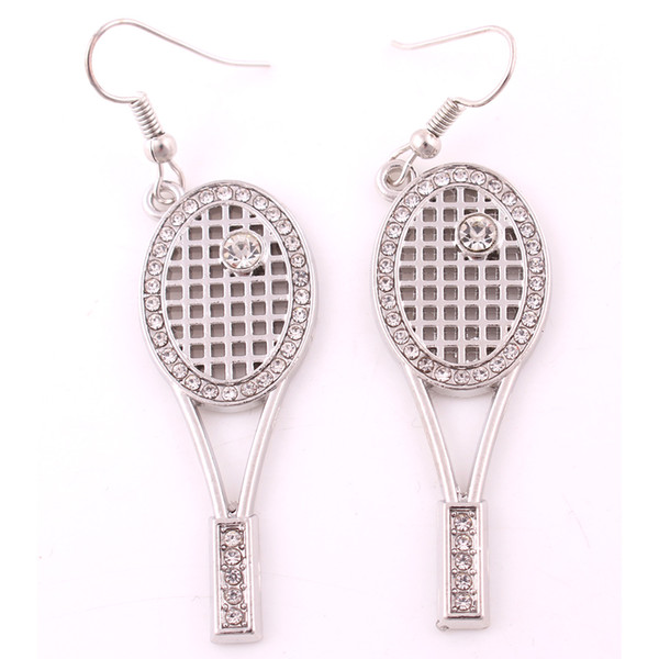 New Fashion Handmade Tennis Racket Ball Pendants Silver Sport Earrings Studded With Clear Crystal For Woman Style Jewelry