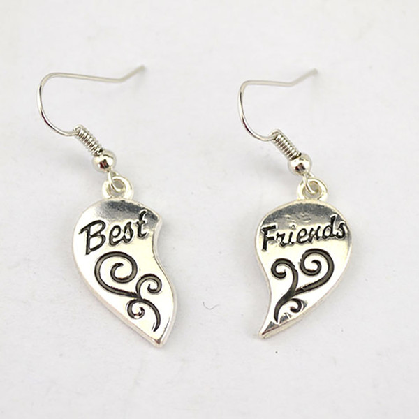 Tibetan Silver BEST Friends Love Heart-Shaped Pendant Charm Handmade Earring For Women/Girl's Gift Jewelry