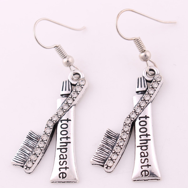 Wholesale Fashion Jewelry Retro Silver Toothbrush Toothpaste Studded With Crystal Charm Pendant Dangle Earrings For Womens Free Shipping