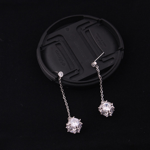 Fashion Crystal Cute White Square Cube Zircon Charm Pendent Studs Dangle Earrings For Women Long Ear Line Wire Jewelry