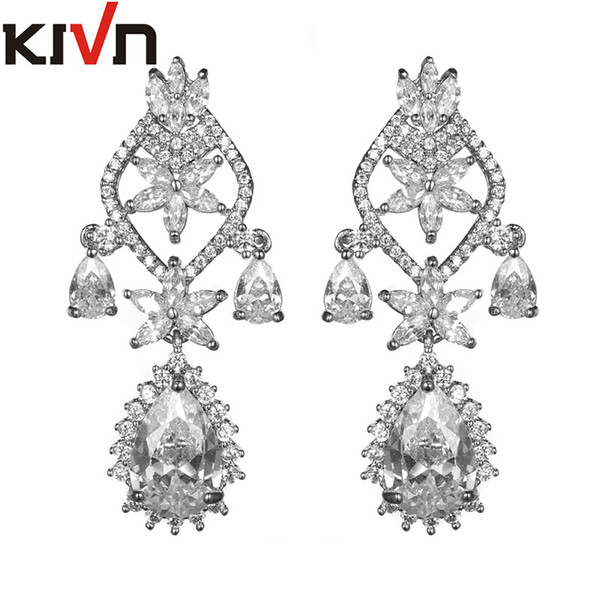 KIVN Fashion Jewelry Royal Blue Dangle CZ Cubic Zirconia Women Girls Bridal Wedding Earrings Mothers Promotion Birthday Gifts