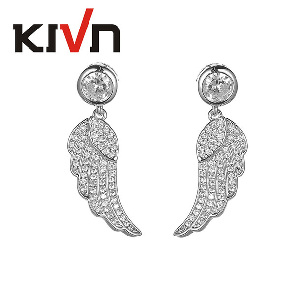 KIVN Fashion Jewelry Elegant Dangle White Angel Wing Feather Pave CZ Cubic Zirconia Women Girls Bridal Wedding Earrings Birthday Gifts