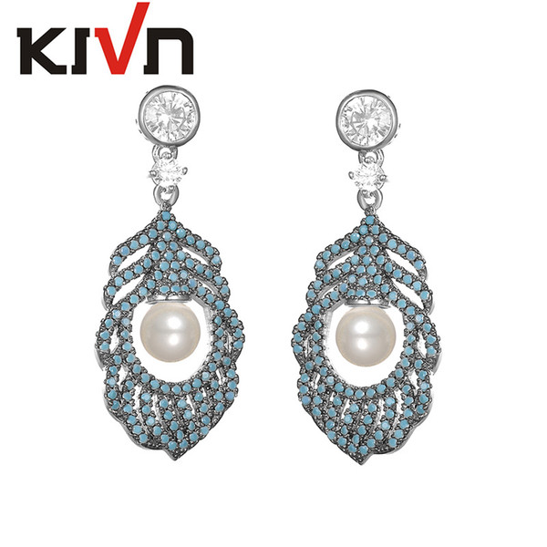 KIVN Fashion Jewelry Feather Dangle CZ Cubic Zirconia Womens Wedding Bridal Simulated Pearl Earrings Mothers Day Birthday Gifts