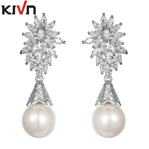 KIVN Fashion Jewelry Dangle Pave CZ Cubic Zirconia Wedding Bridal Simulated Pearl Earrings for Women Birthday Christmas Gifts