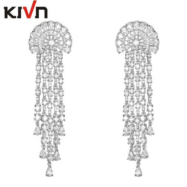 KIVN Fashion Jewelry White Long CZ Cubic Zirconia Bridal Wedding Earrings with freeshipping for Women Birthday Christmas Valentine's Gift