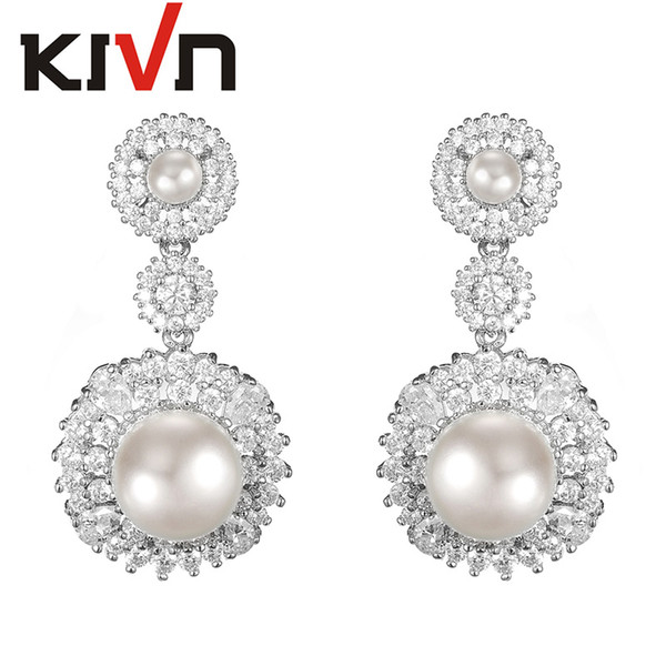 KIVN Fashion Luxury Dangle CZ Cubic Zirconia Simulated Pearl Earrings Wedding Bridal Earrings for Women Birthday Christmas Gift