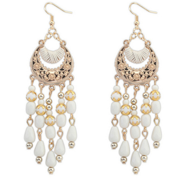 Multicolor Gold Crescent-shaped Bohemian Water Droplets Gem Long Tassel Earrings For Women CE244