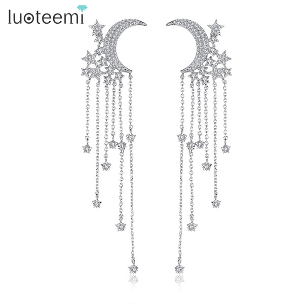 LUOTEEMI Luxury Moon and Stars Tassel Drop Earrings with Chain Accents and CZ Crystal Droplets In Silver Tone Earrings For Women