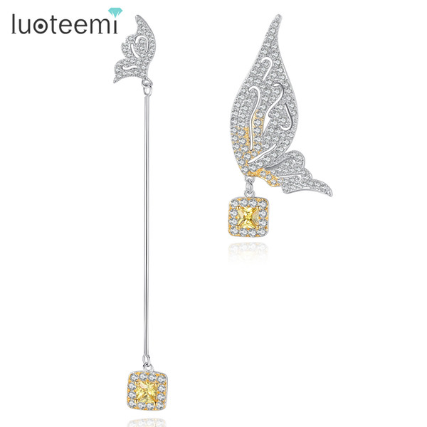 LUOTEEMI Two Butterflies With Yellow CZ Crystal Drop Dangle Earrings for Women White Gold Color Brincos Jewellery Fashion Gifts