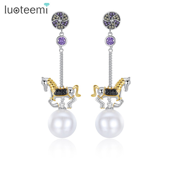 LUOTEEMI Carousel Gold Silver Color Cute Horse Drop Animal CZ Diamante White Imitation Pearl Earrings For Women Brincos Party