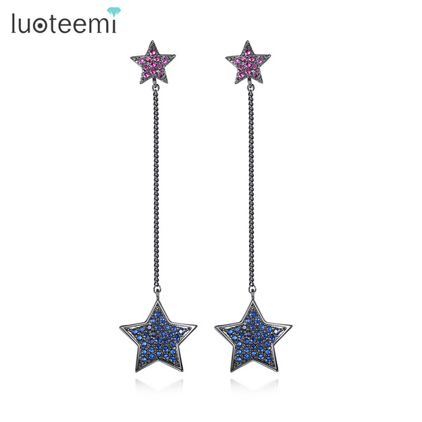 LUOTEEMI New Fashion Jewelry Pink Blue Color Cubic Zirconia Double Strars with Gun Black Chain Drop Earrings for Girl Party Gift