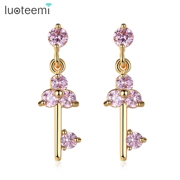 LUOTEEMI Gold Color Romantic Pink Brilliant CZ Key Stud Earrings For Women Girls Fashion Jewelry Christmas Gift