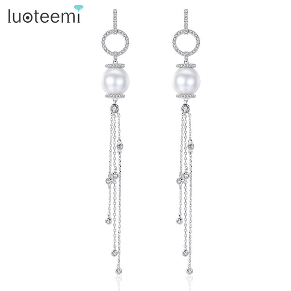 LUOTEEMI Fashion Korea Style Long Chain Tassel Drop Earrings CZ with Imitation Pearl Jewelry Elegant Dangle Brincos Girl Party