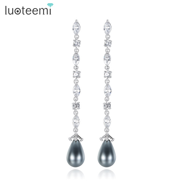 LUOTEEMI Delicate Gray Imitation Pearl Pendant Drop Earrings with Shining Clear CZ Stone Long Brincos Elegant Jewelry for Women