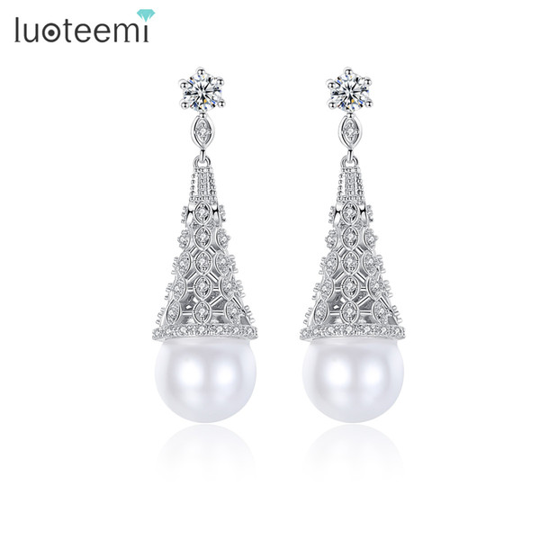 LUOTEEMI Vintage Sliver Color Luxury Bridal CZ Crystal Imitation Waterdrop Pearl Stud Earrings For Women Jewelry Brincos Wedding