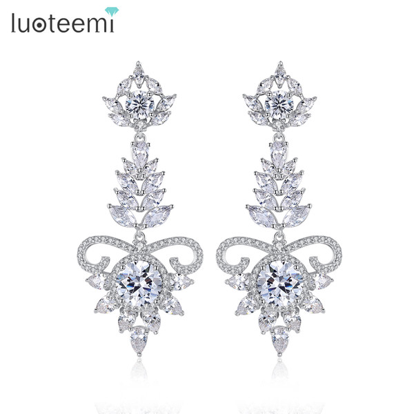 LUOTEEMI Gorgeous Clear Zircon Drop Luxury Marquise Flowers Chandelier Long Dangle Earrings Bridal Wedding Bijoux Brincos