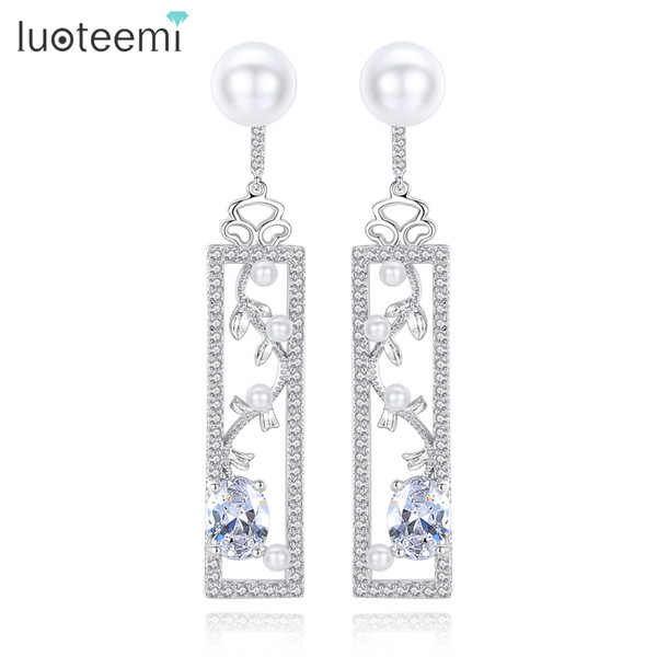 LUOTEEMI Brand Elegant Delicate Geometic Flower Shape Clear Imitation Pearl CZ Drop Earrings Gift For Girl Friend Wife Mom