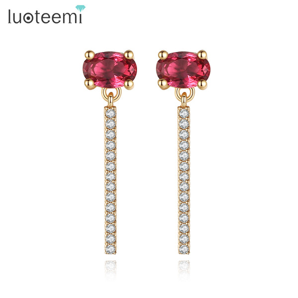 LUOTEEMI Statement Stud Earrings Single Elliptical Red Stone Micro Paved Cubic Ziircon Brincos for Women Girl Wedding Meeting Jewelry