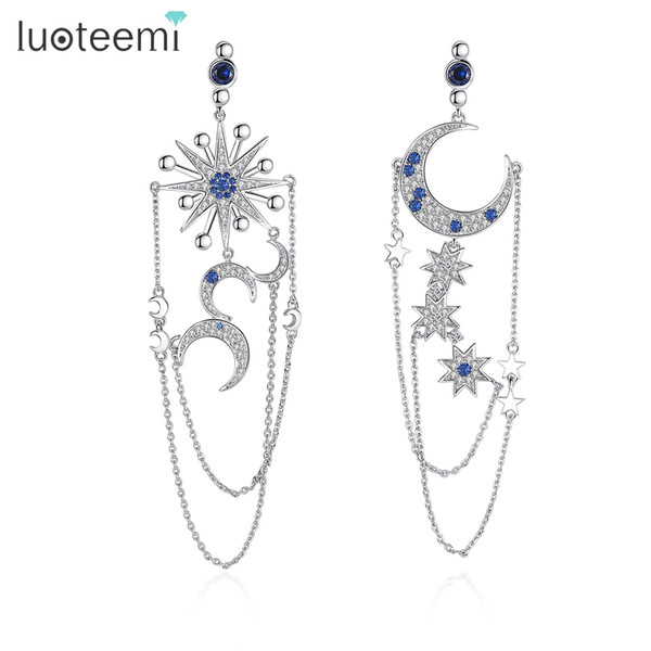 LUOTEEMI Brand New Authentic Crescent Half Moon & Star Dazzling Blue CZ Tassel Chains Drop Earrings for Women Jewellery Bijoux