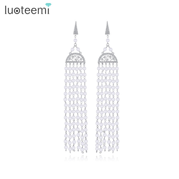 LUOTEEMINew Silver-Color Small Simulated Pearls Beaded Long Chain Tassel Vintage Dangle Earrings For Women Panna mloda kolczyk