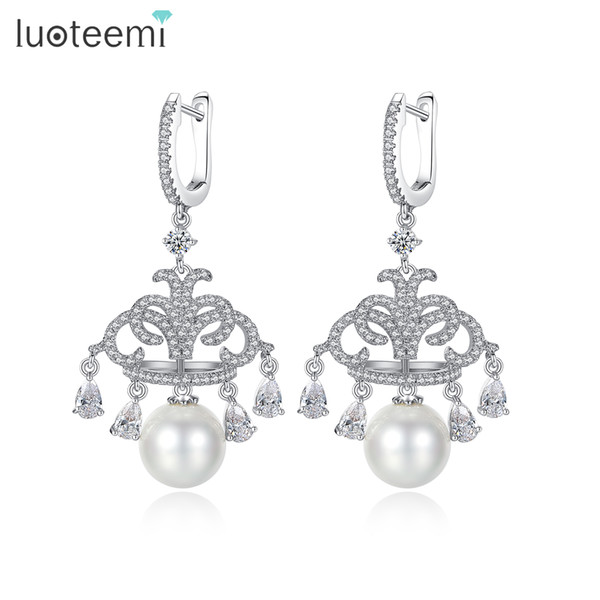 LUOTEEMI New Delicate Drop Earrings Inly Tiny Shining Clear CZ with Single Imitation Pearl Ear Hook for Women Party Wedding