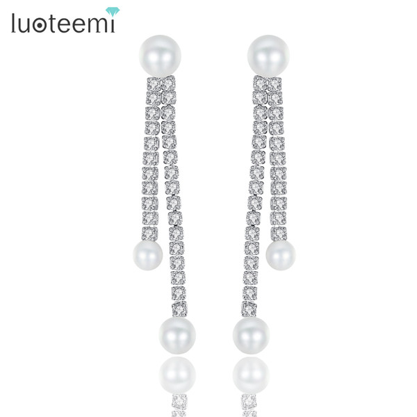 LUOTEEMI Silver Tone New look White Imitation Pearls With Clear Round CZ Tennis Bridal Stud Earrings For Women Wedding Jewellery