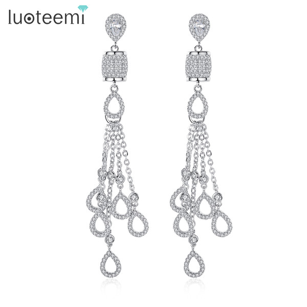 LUOTEEMI Fashion White Gold Color Waterdrop Tassels Dangle Earrings with Tiny Cubic Zirconia Micro Paved Wedding Party Earrings