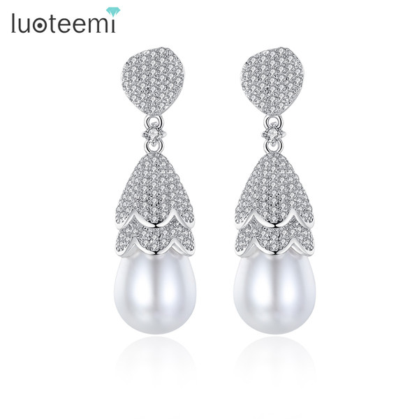 LUOTEEMI Silver Tone Irregular Tiny CZ Waterdrop Simulated Pearl Dangle Earrings For Women Wedding Party Brinco Gift Earrings