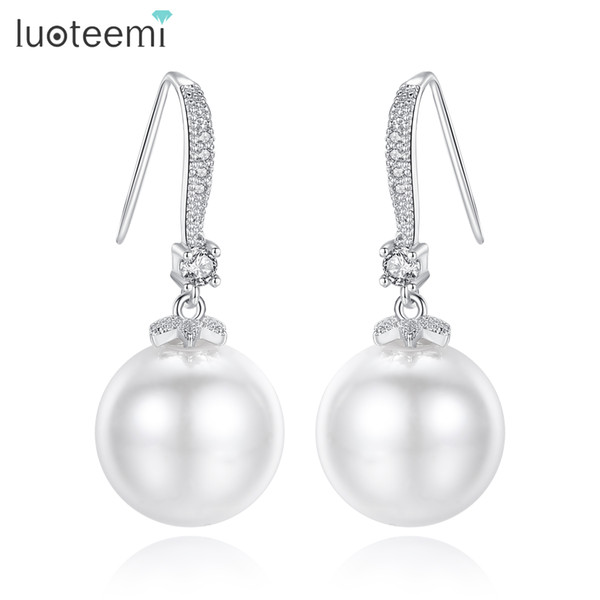 LUOTEEMI Trendy Cubic Zirconia and Round White Imitation Pearl Drop Earrings Jewellery For Women Elegant Style Daily-life Bijoux