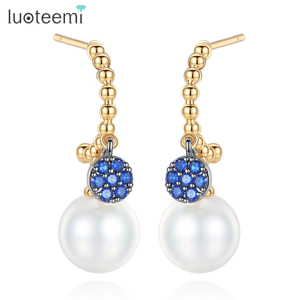 LUOTEEMI Gold Color New Fashion Blue CZ Crystal Small Drop Earrings For Women Girls Luxury Created Pearl Dangle Earring Brincos