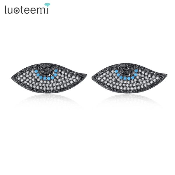 LUOTEEMI New Cute Lovely Design Small Eyes Shape Stud Earrings Black Blue Clear CZ Color Jewelry for Girl Party Gift Jewelry