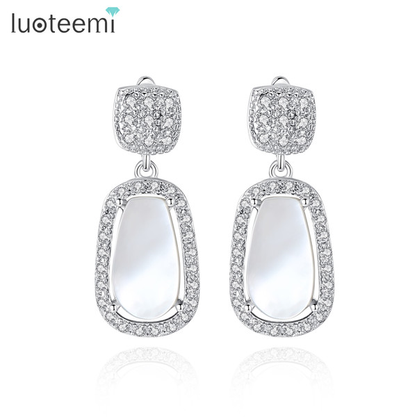 LUOTEEMI Women Handmade Vintage Geometric Natural Shell Crystal Elegant Pendant Drop Earrings for Bridal Wedding Party Brincos