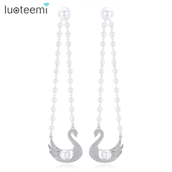 LUOTEEMI Trendy Dual-use Swan Dangle Earrings with CZ Stone And Imitation Pearl Beaded Drop Earring For Women Valentine Gift