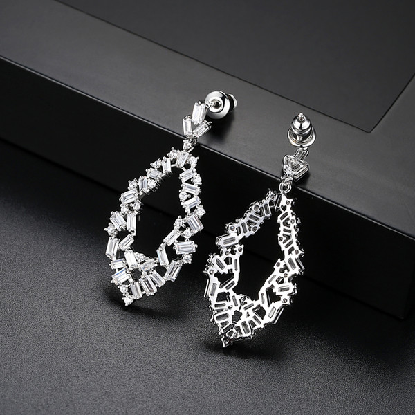 LUOTEEMI Brand High Quality Silver Color Square Crystal Drop Earring Fashion Cubic Zirconia Women Jewelry Free Shipping