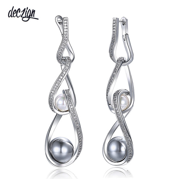 Deczign 2019 New Arrive Women Drop Earrings White and Grey Synthetic Pearls Zirconia Paved Infinity Design for Love WE3818