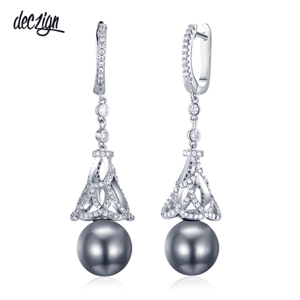 Deczign Exceed 5cm long drop earrings free shipping jewellery pave cubic zirconia & 14 mm grey pearl Bridesmaids jewelry accessories WE3761