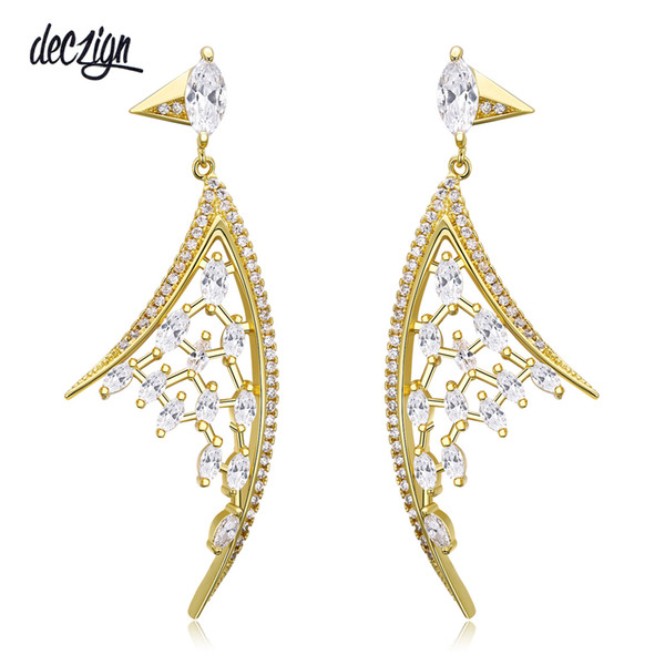 Deczign New Angel Wing Drop Earrings for Women CZ Stone Rhodium Gold Color Luxury Feather Dangle brincos para as mulheres SE11667