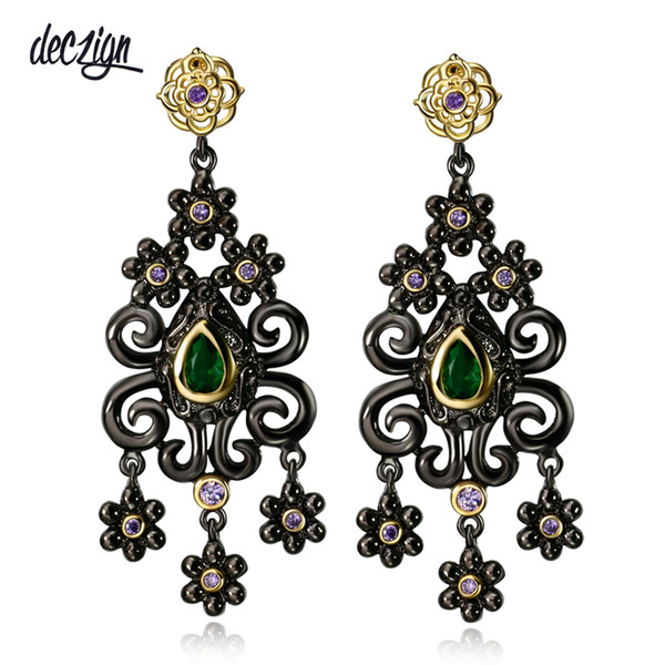 Deczign New Gothic Flowers Tassel Earrings for Women Vintage Green CZ Dangle Party Jewelry Drop Brincos boucle d'oreille ZE52821