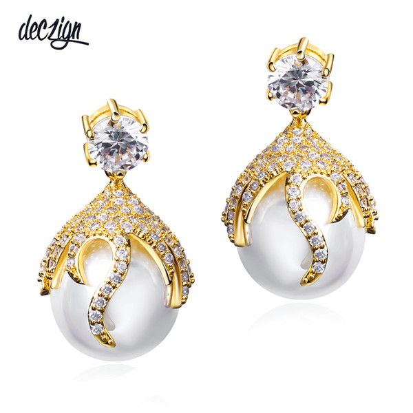 Deczign Dangle Pearl Drop earrings for Wedding Party Setting cubic zirconia in White and Gold color Bridal white pearls jewelry SE07891